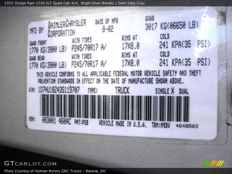 Bright Silver Metallic / Dark Slate Gray 2003 Dodge Ram 1500 SLT Quad Cab 4x4