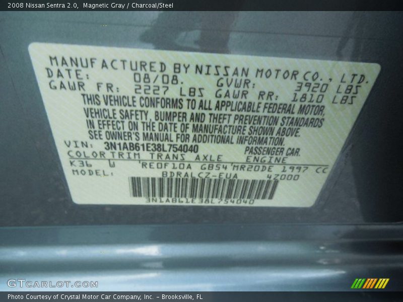 Magnetic Gray / Charcoal/Steel 2008 Nissan Sentra 2.0
