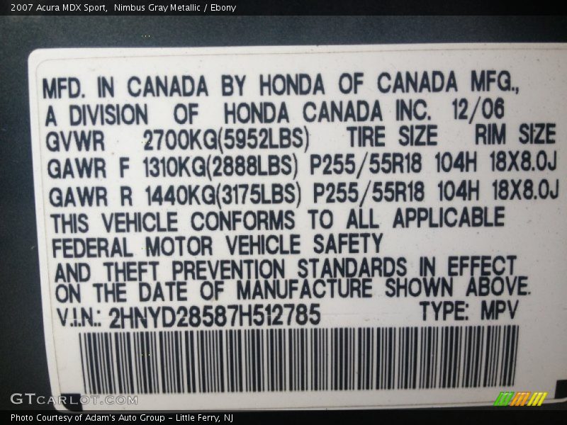 Nimbus Gray Metallic / Ebony 2007 Acura MDX Sport