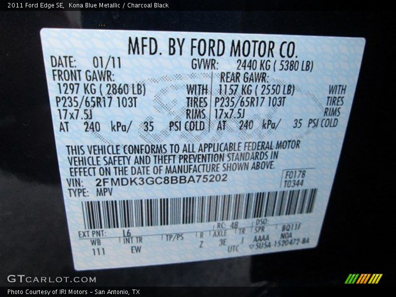 Kona Blue Metallic / Charcoal Black 2011 Ford Edge SE