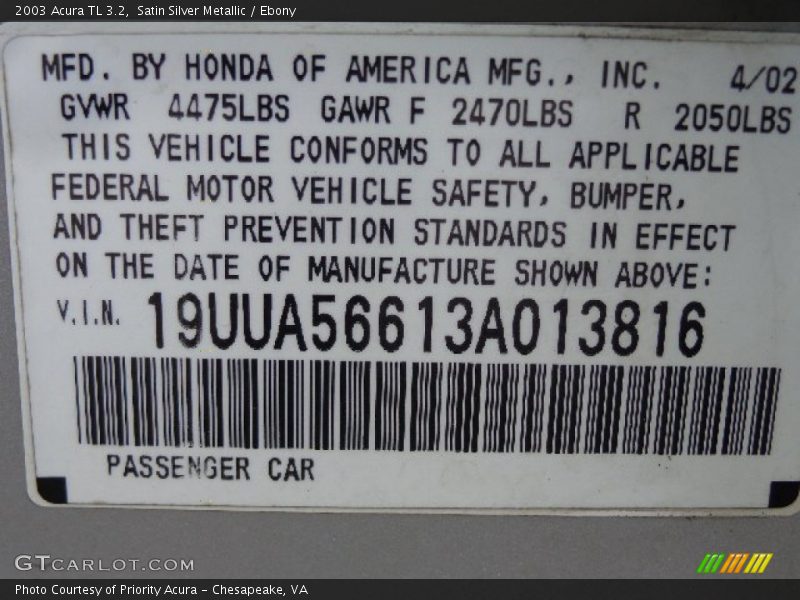 Satin Silver Metallic / Ebony 2003 Acura TL 3.2