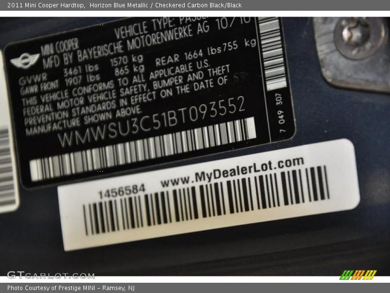 Horizon Blue Metallic / Checkered Carbon Black/Black 2011 Mini Cooper Hardtop