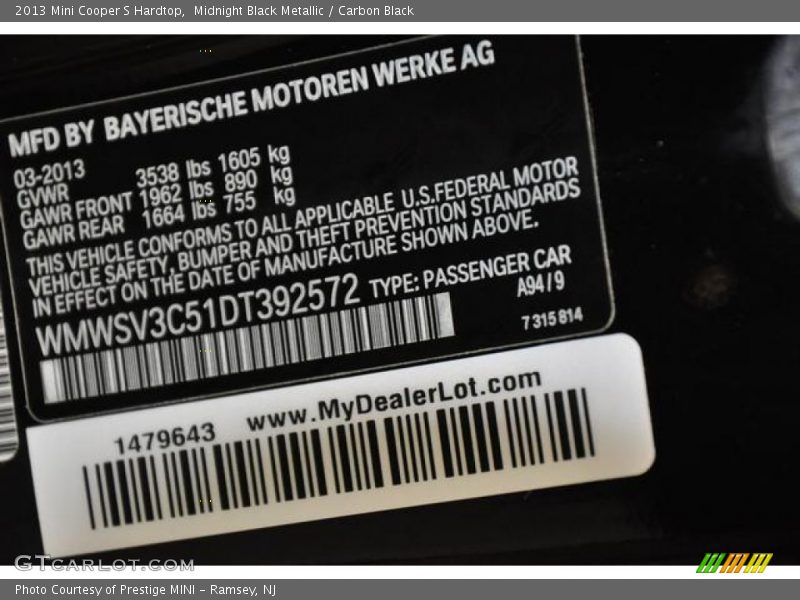 Midnight Black Metallic / Carbon Black 2013 Mini Cooper S Hardtop