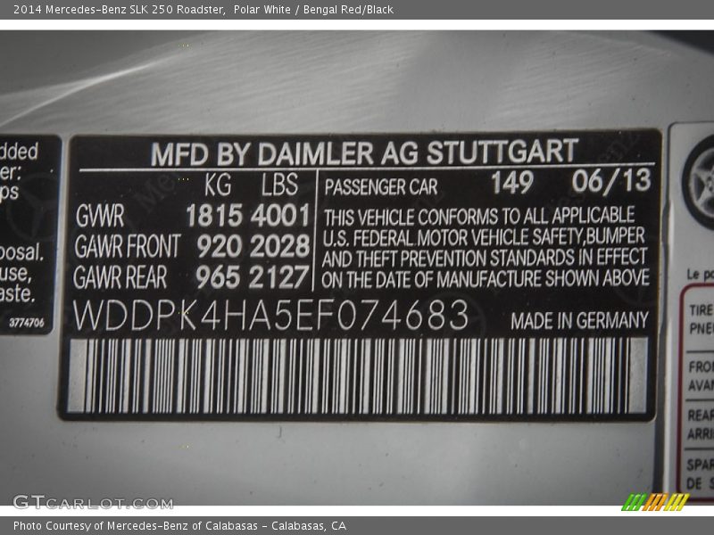 2014 SLK 250 Roadster Polar White Color Code 149