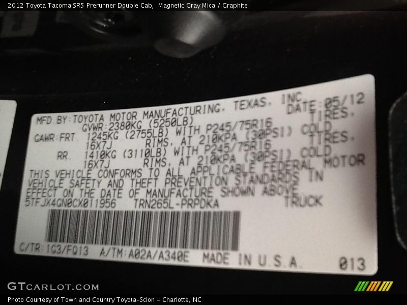 Magnetic Gray Mica / Graphite 2012 Toyota Tacoma SR5 Prerunner Double Cab
