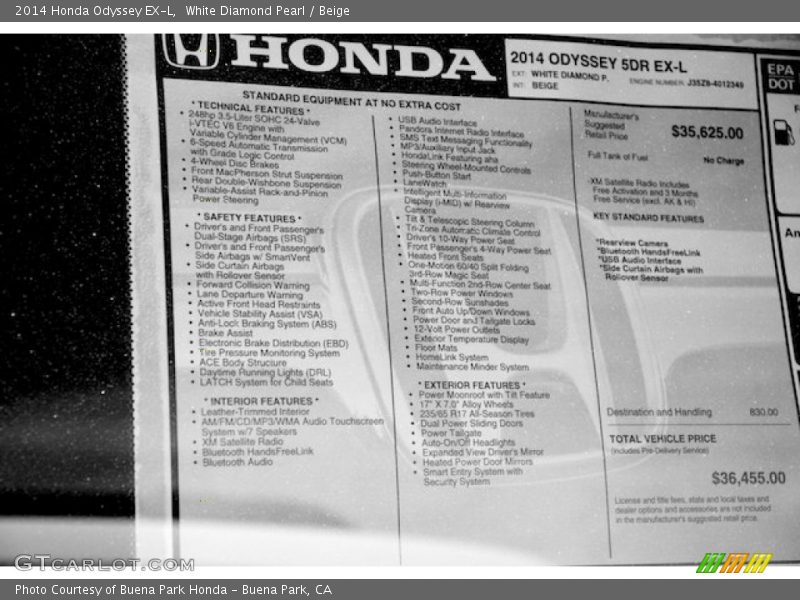 White Diamond Pearl / Beige 2014 Honda Odyssey EX-L