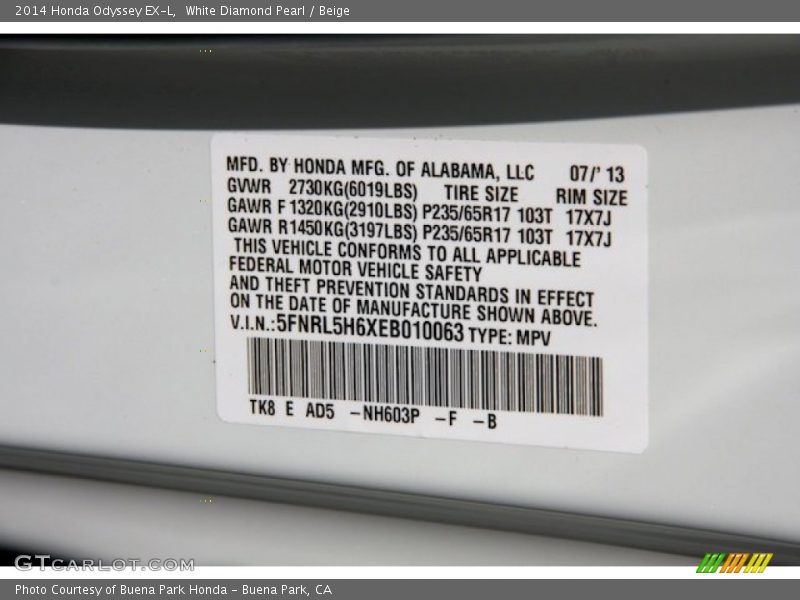 White Diamond Pearl / Beige 2014 Honda Odyssey EX-L
