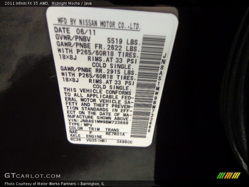 Midnight Mocha / Java 2011 Infiniti FX 35 AWD