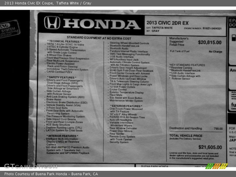 Taffeta White / Gray 2013 Honda Civic EX Coupe