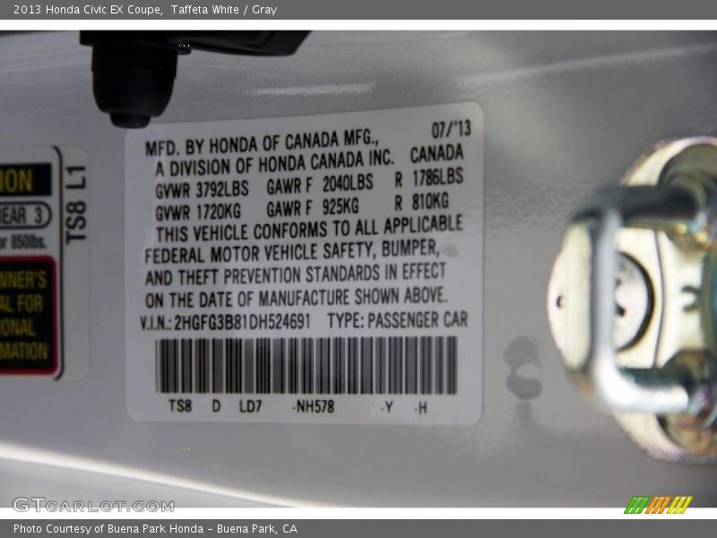 Taffeta White / Gray 2013 Honda Civic EX Coupe