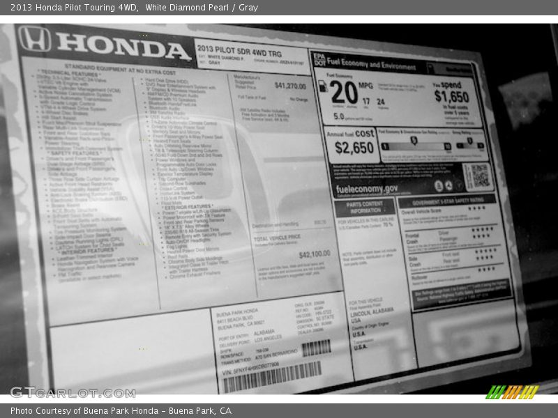 White Diamond Pearl / Gray 2013 Honda Pilot Touring 4WD