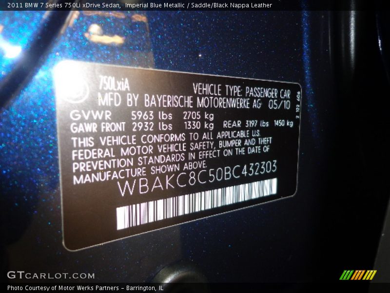 Imperial Blue Metallic / Saddle/Black Nappa Leather 2011 BMW 7 Series 750Li xDrive Sedan