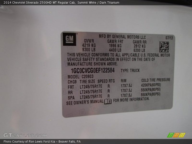 Summit White / Dark Titanium 2014 Chevrolet Silverado 2500HD WT Regular Cab