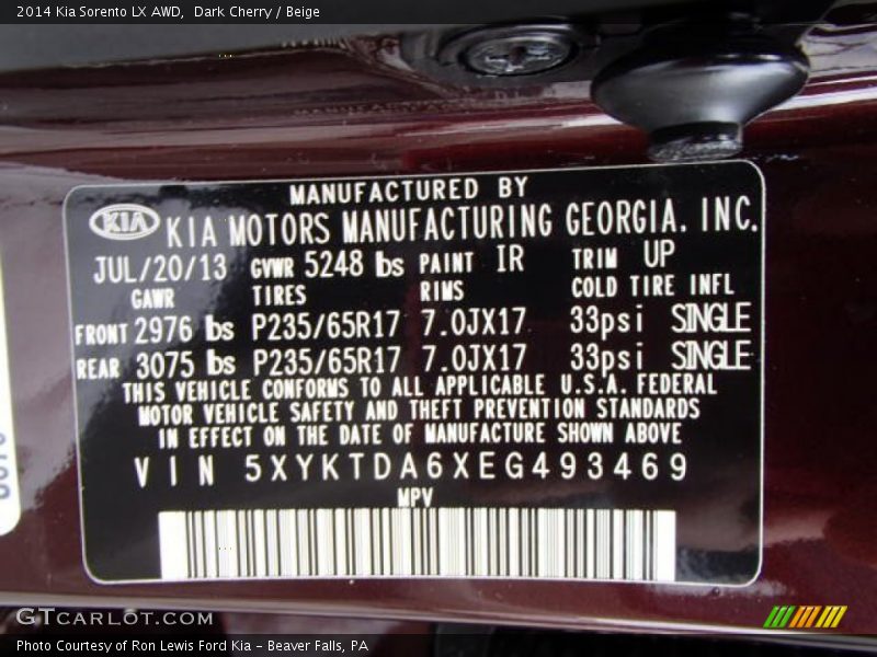 2014 Sorento LX AWD Dark Cherry Color Code IR