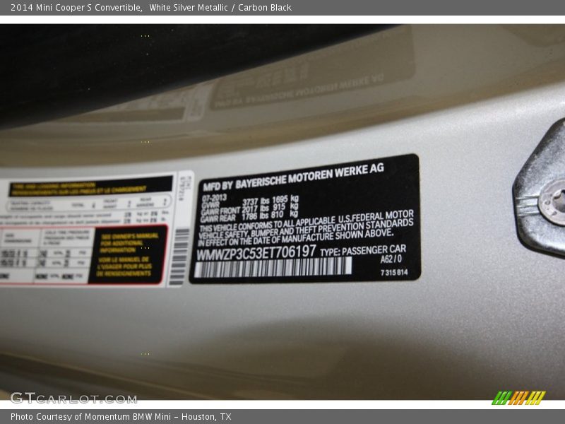 2014 Cooper S Convertible White Silver Metallic Color Code A62