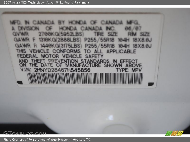 Aspen White Pearl / Parchment 2007 Acura MDX Technology