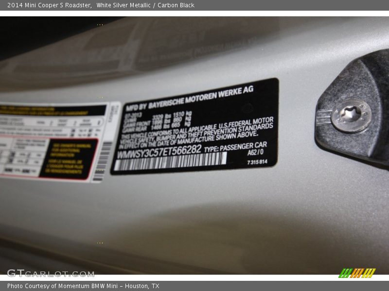 2014 Cooper S Roadster White Silver Metallic Color Code A62