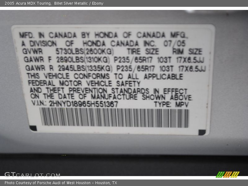 Billet Silver Metallic / Ebony 2005 Acura MDX Touring