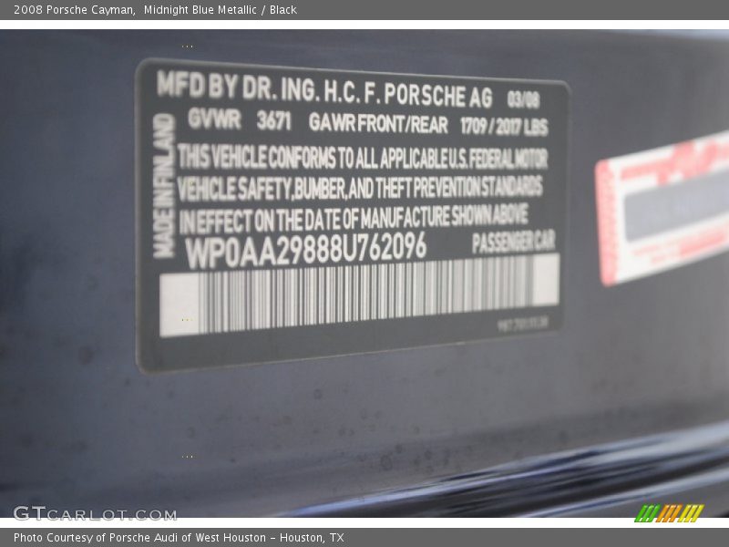 Midnight Blue Metallic / Black 2008 Porsche Cayman
