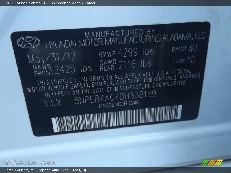 Shimmering White / Camel 2013 Hyundai Sonata GLS