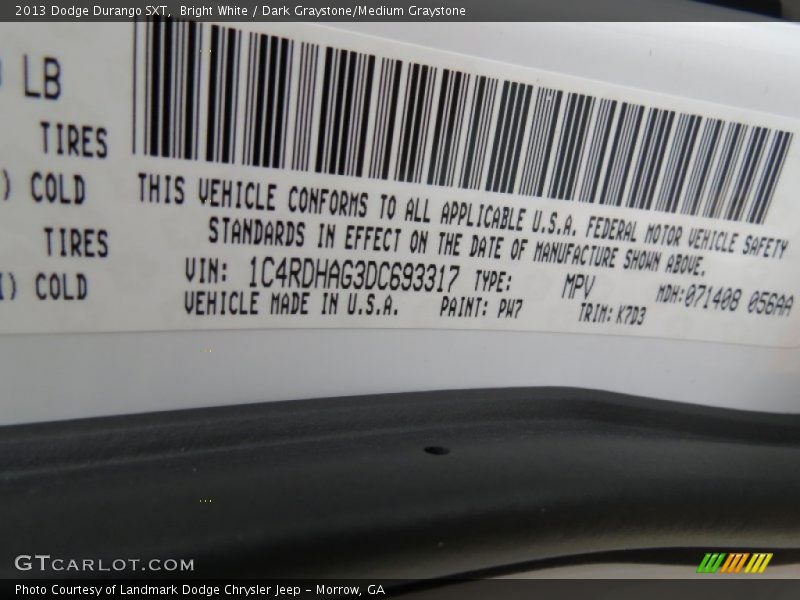 Bright White / Dark Graystone/Medium Graystone 2013 Dodge Durango SXT