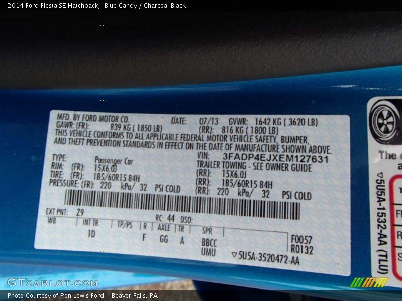 2014 Fiesta SE Hatchback Blue Candy Color Code Z9
