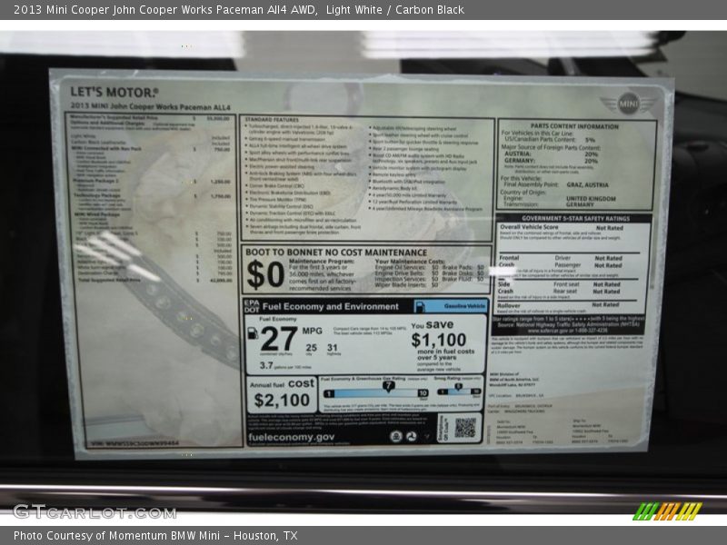  2013 Cooper John Cooper Works Paceman All4 AWD Window Sticker