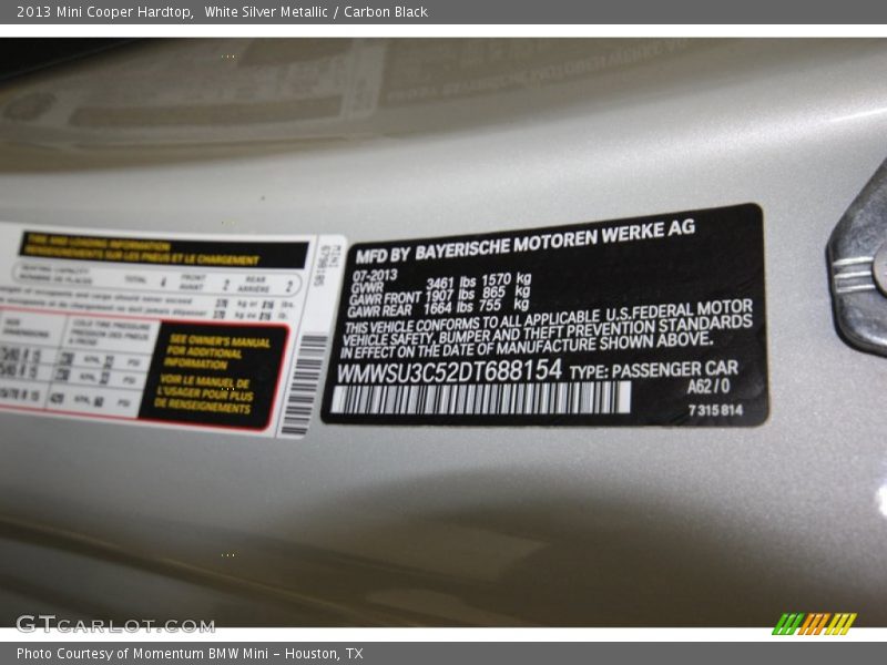 White Silver Metallic / Carbon Black 2013 Mini Cooper Hardtop