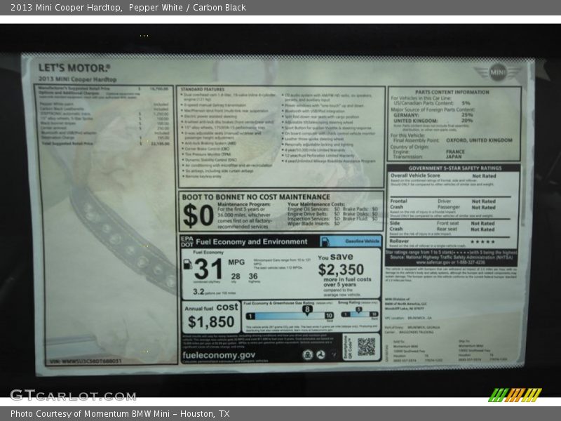 Pepper White / Carbon Black 2013 Mini Cooper Hardtop