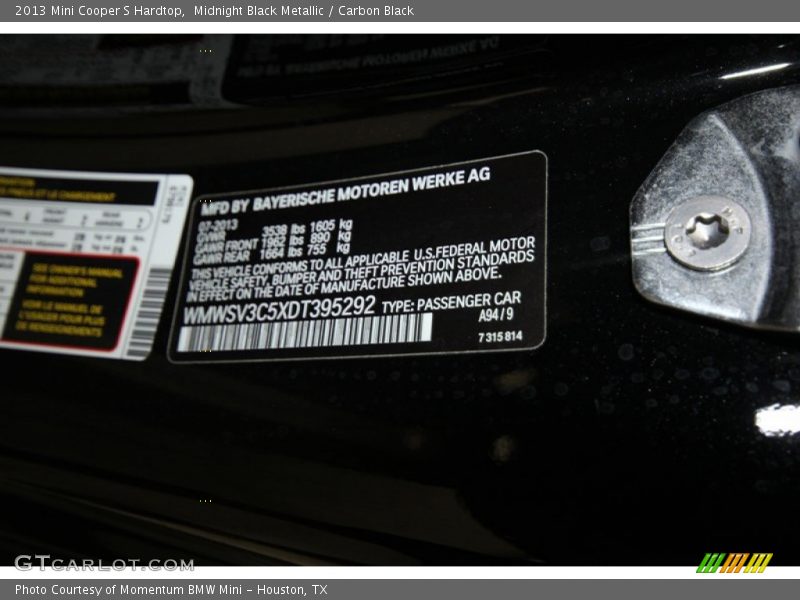 Midnight Black Metallic / Carbon Black 2013 Mini Cooper S Hardtop