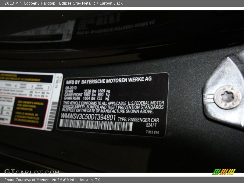 Eclipse Gray Metallic / Carbon Black 2013 Mini Cooper S Hardtop