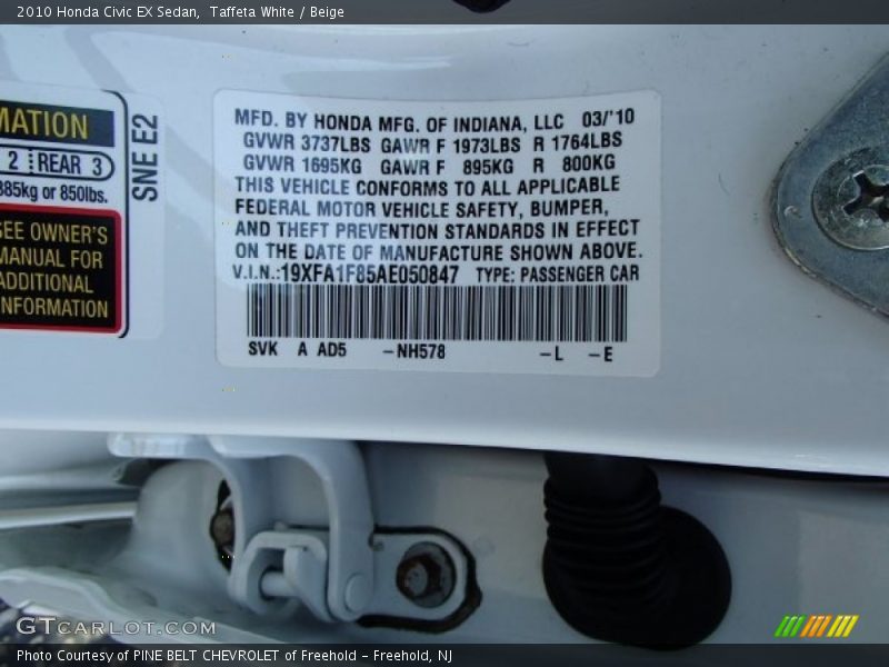 Taffeta White / Beige 2010 Honda Civic EX Sedan