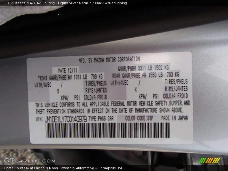 Liquid Silver Metallic / Black w/Red Piping 2012 Mazda MAZDA2 Touring