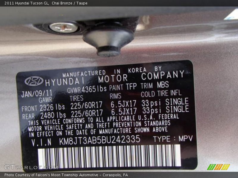 Chai Bronze / Taupe 2011 Hyundai Tucson GL