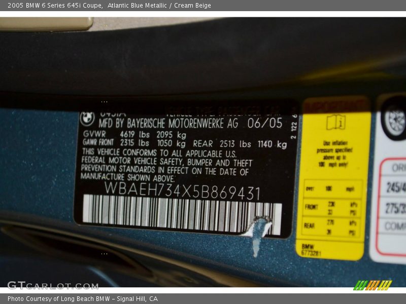 Info Tag of 2005 6 Series 645i Coupe
