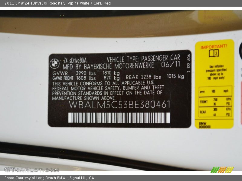 Alpine White / Coral Red 2011 BMW Z4 sDrive30i Roadster