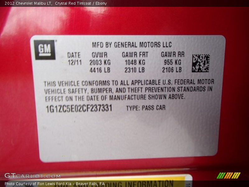 Crystal Red Tintcoat / Ebony 2012 Chevrolet Malibu LT
