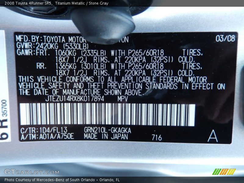 2008 4Runner SR5 Titanium Metallic Color Code 1D4