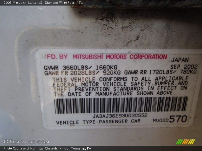 Diamond White Pearl / Tan 2003 Mitsubishi Lancer LS