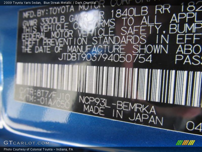 Blue Streak Metallic / Dark Charcoal 2009 Toyota Yaris Sedan