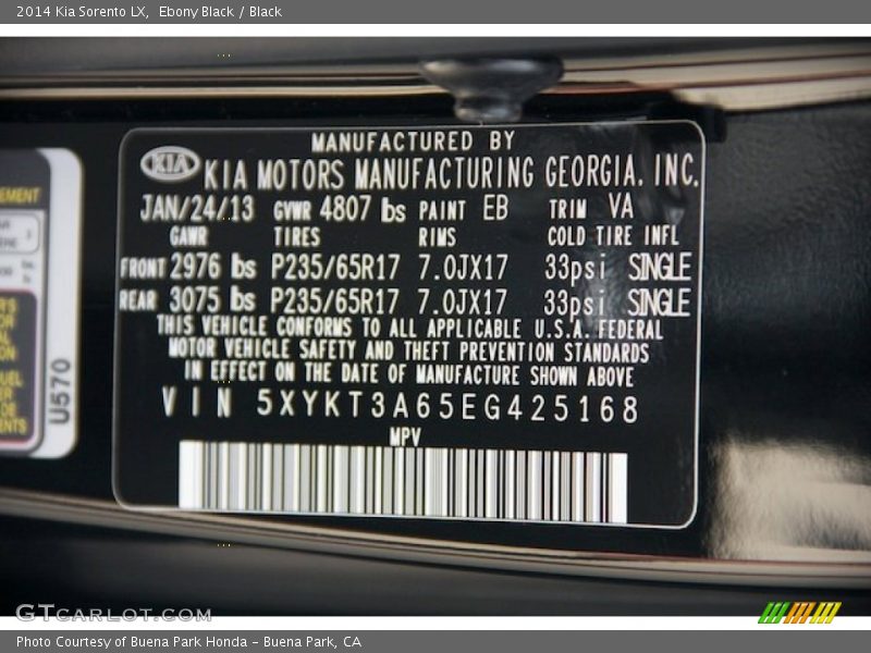 Ebony Black / Black 2014 Kia Sorento LX