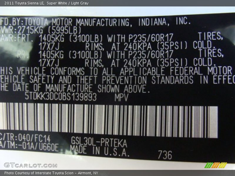 Super White / Light Gray 2011 Toyota Sienna LE