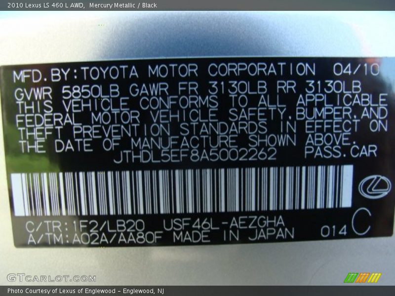 Mercury Metallic / Black 2010 Lexus LS 460 L AWD