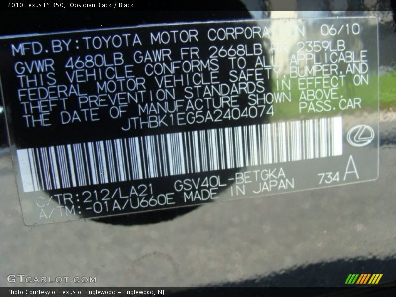 Obsidian Black / Black 2010 Lexus ES 350