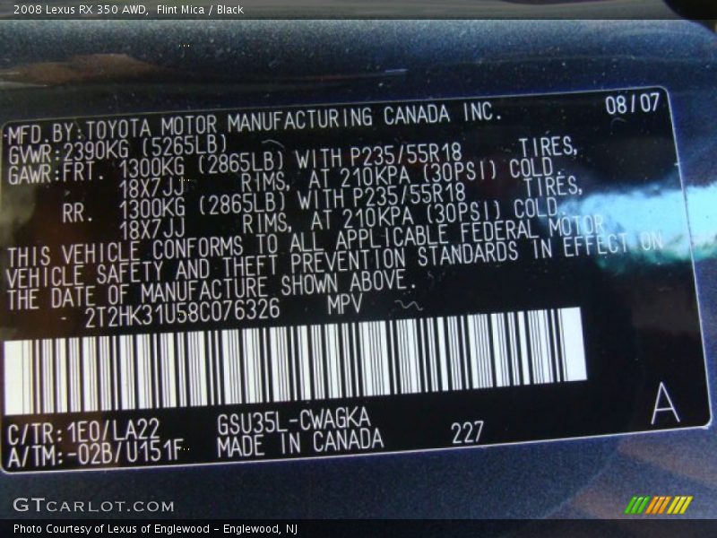 Flint Mica / Black 2008 Lexus RX 350 AWD