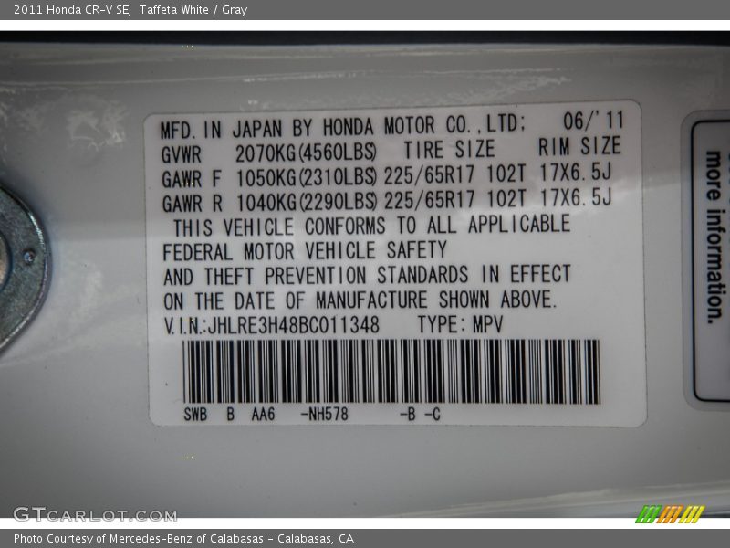 Taffeta White / Gray 2011 Honda CR-V SE