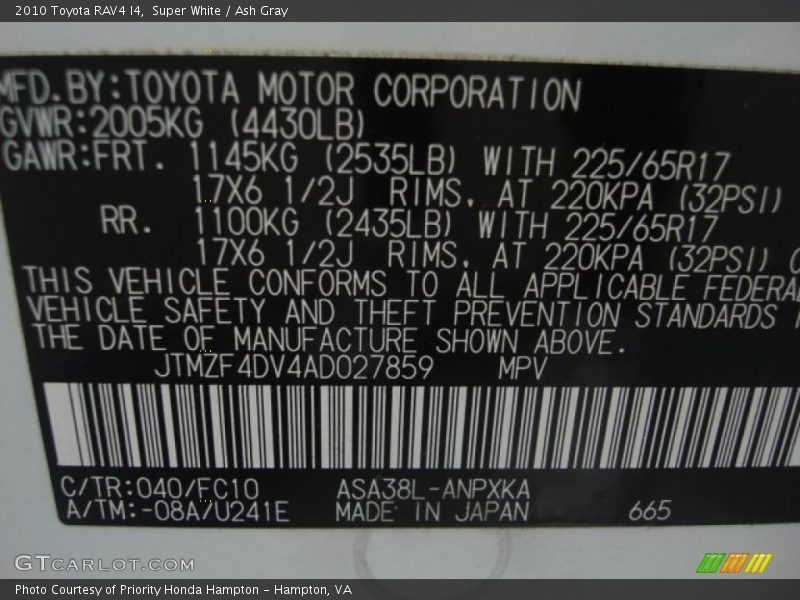 Super White / Ash Gray 2010 Toyota RAV4 I4