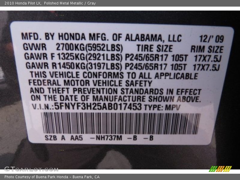 Polished Metal Metallic / Gray 2010 Honda Pilot LX