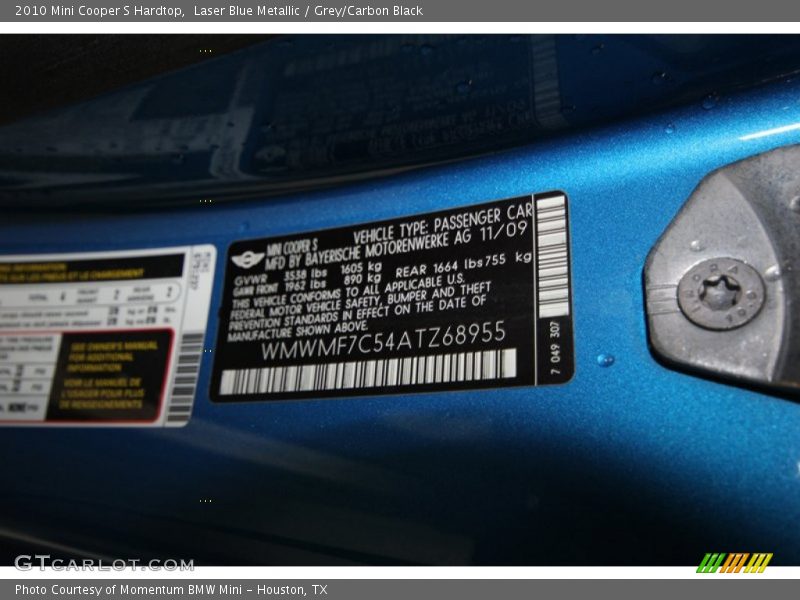 Laser Blue Metallic / Grey/Carbon Black 2010 Mini Cooper S Hardtop