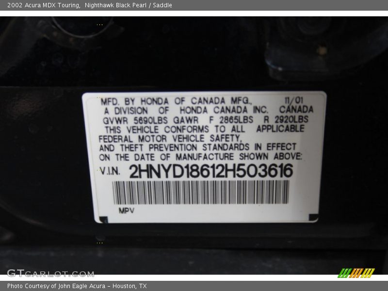 Nighthawk Black Pearl / Saddle 2002 Acura MDX Touring